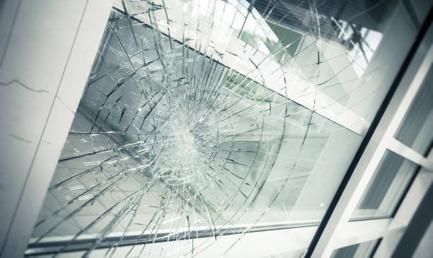 broken facade glass, close up